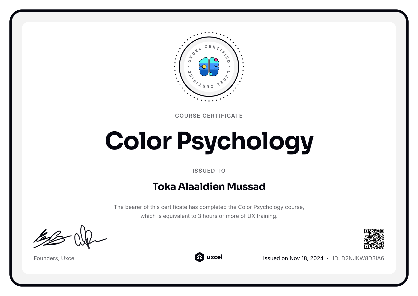 Toka Alaaldien Mussad's certificate